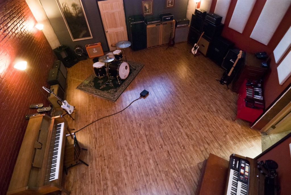 An aerial view of a drum room set-up